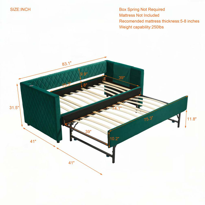 Velvet Upholstered Daybed with Trundle,USB Port ,Side Pockets, Emerald