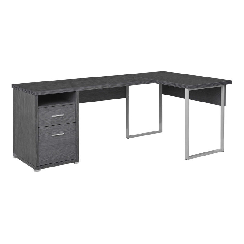 Bureau d'ordinateur en L 79 po avec deux tiroirs gris et argent