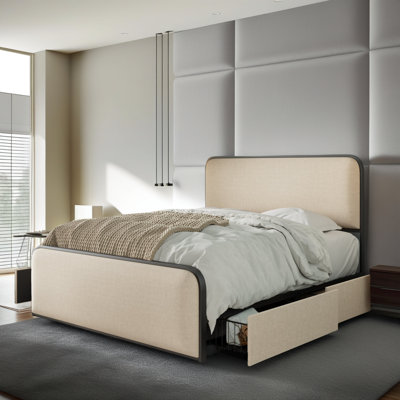 Lit tapissier moderne avec 4 tiroirs de rangement - Tête de lit en lin beige, structure en métal robuste, capacité de 800 lb