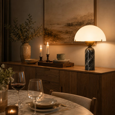 Lampe de table en pierre naturelle, lampe champignon moderne de style Mid-Century avec base en travertin noir et abat-jour en verre givré, table de chevet minimaliste pour chambre à coucher et salon d'une hauteur de 14,5 po