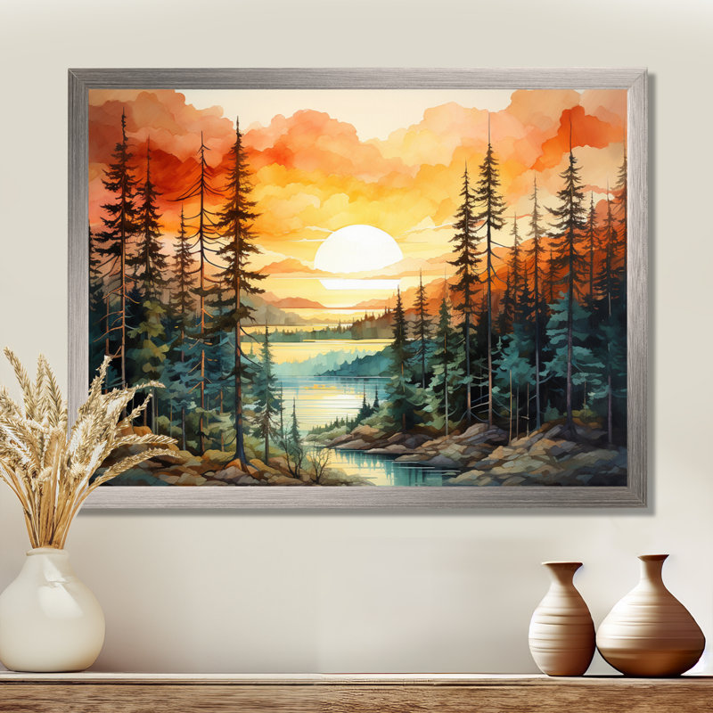 Pin, coucher de soleil brillant II - Pin, art mural, Cadre simple argenté, H 34 po x l 44 po x P 1,5 po