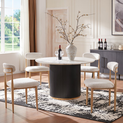 Velora 5 Pieces Dining Table Set, Faux Marble Round Dining Table With Wood Grain Chair