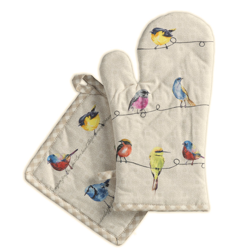Maison d'Hermine Birdies on Wire, manique et gant de cuisine 100 % coton - 19 x 33 cm et 20 x 20 cm