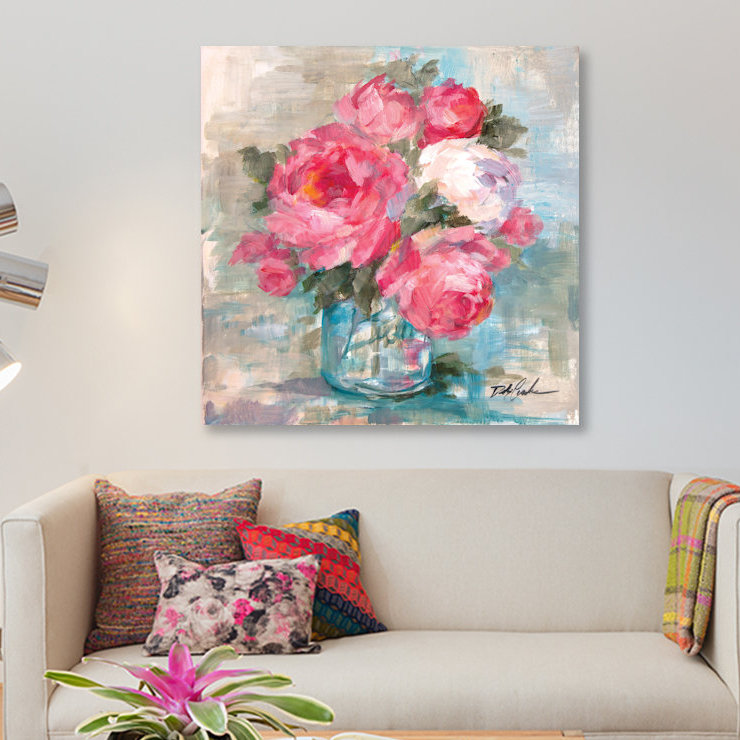 «Summer Roses I» par Debi Coules - reproduction imprimée, H 12 po x l 12 po x P 0,75 po, Toile tendue, Pas de tapis