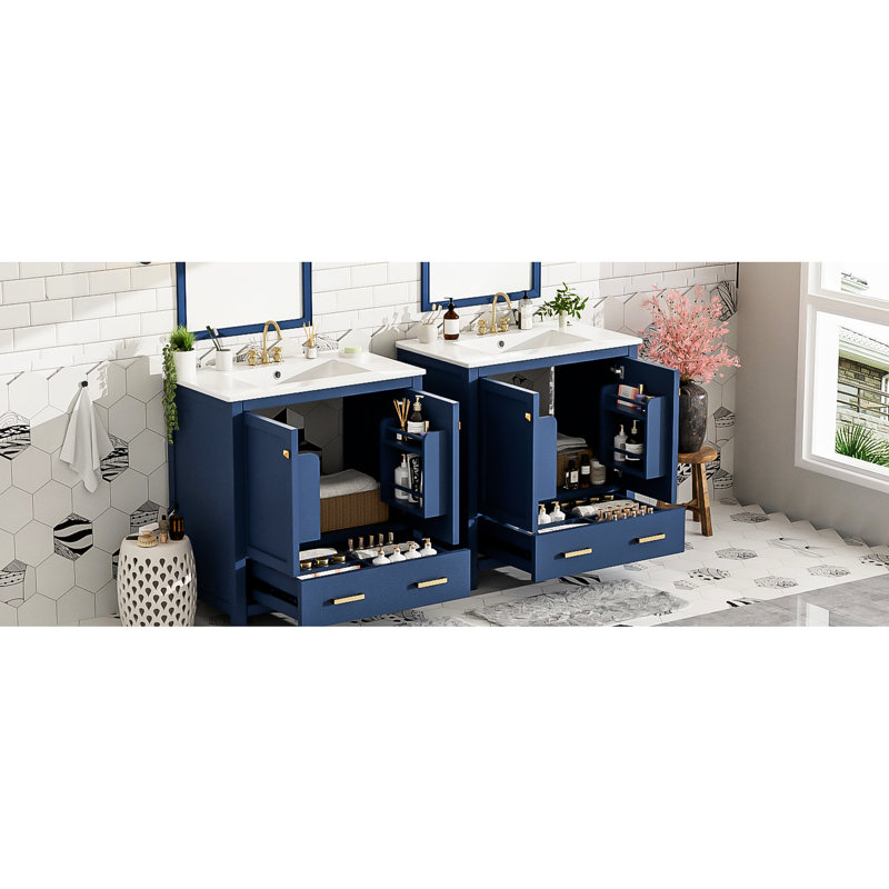Armoire de salle de bain 60 po en bleu, avec lavabos doubles et intérieur fonctionnel, Bleu, Doré