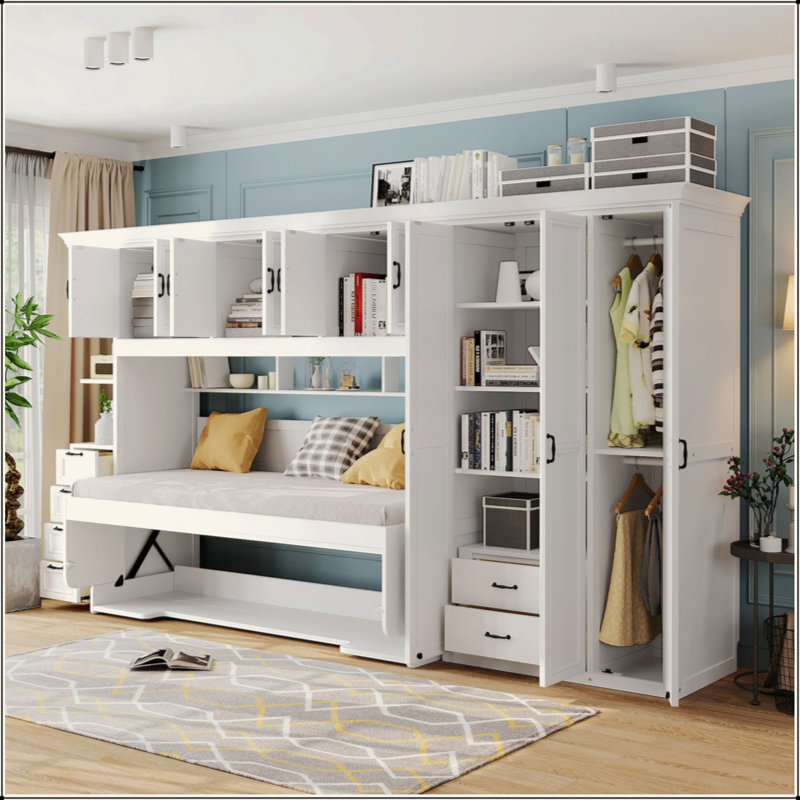 Lit escamotable mural avec garde-robe, armoire et bureau Murphy, Blanc
