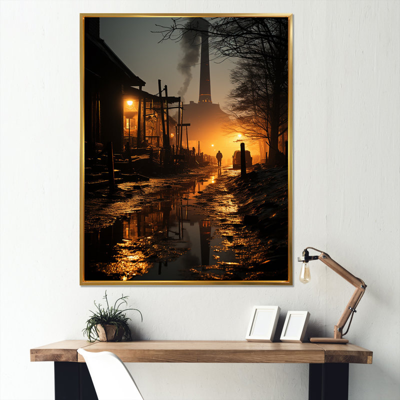Paysage industriel rétro sur toile, Black Picture Framed, H 40 po x l 30 po