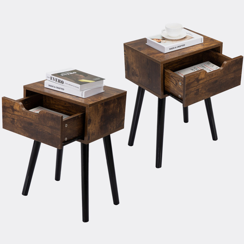Ensemble de 2 tables d'appoint en bois de style Mid-Century, table de bout avec 1 tiroir de rangement, table de chevet pour le salon de la chambre à coucher, brun rustique et noir