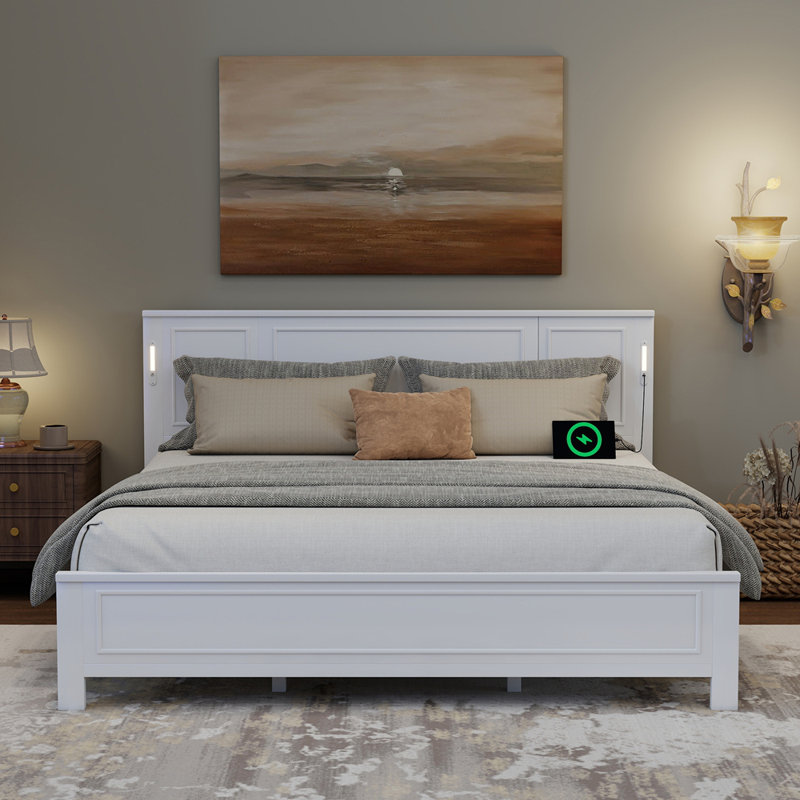 Lit plateforme en bois avec lumières DEL et station de charge USB, Très grand lit, Blanc