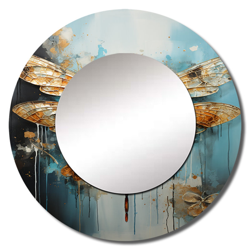 Reproduction de gouttes de libellule turquoise dorée - grand miroir mural, impression unique en métal doré, 23 po x 23 po