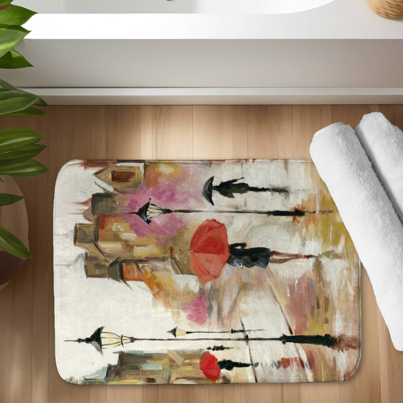 Passersby under their umbrellas Bath Mat with Non-Slip Backing - Quick Dry Memory Foam Bathroom Rug - Absorbent - Modern Plush Spa-Style - Machine Washable