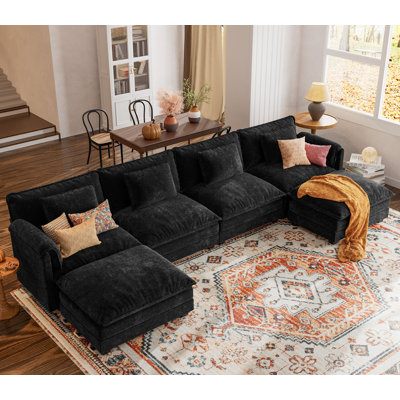 6-Piece 150'' U-Shaped Comfy Cloud Modular Sectional Sofa With Removable Ottomans-Chenille Fabric-Black