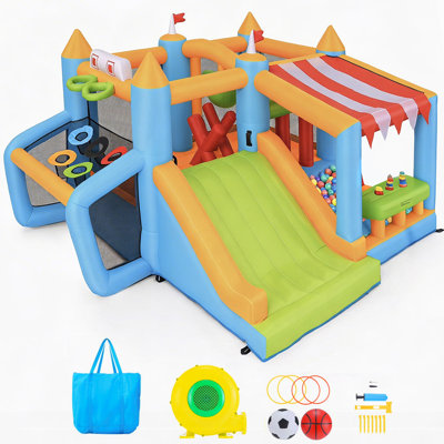 12.5' X 10.8' Bounce House With 450w Blower, Bounce Area, Wide Slide, Soccer Goal, Basketball Hoop, Snack Bar, Punching Ball, Obstacle