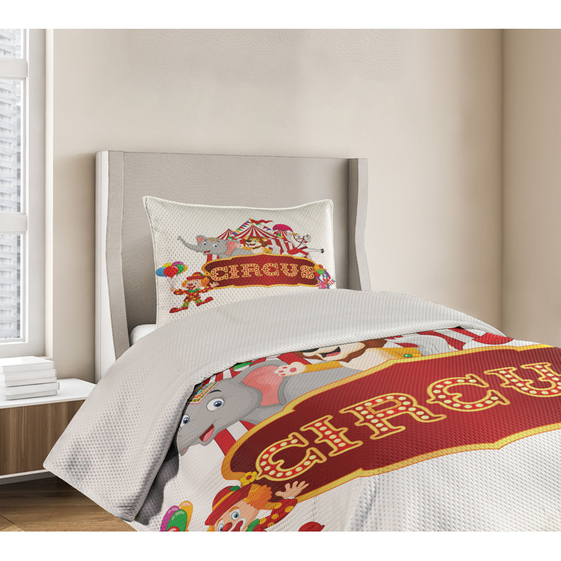 Twin White Quilted Circus Bedspread Set with Pillow Sham