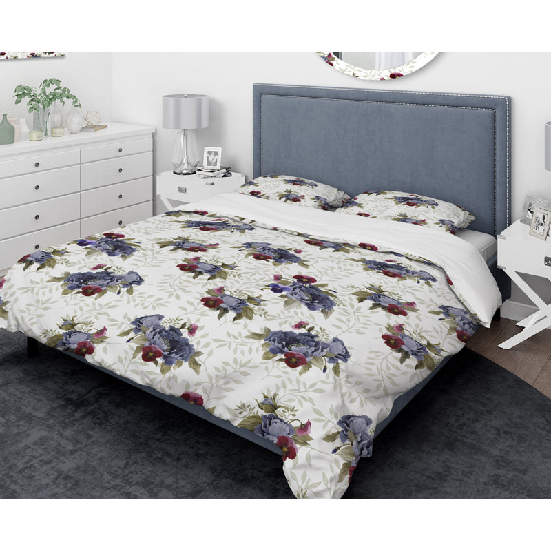 Ensemble de housse de couette peint à la main pivoines et pensées Designart, Housse simple + 1 taie décorative