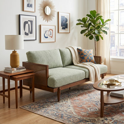 Dayton 72" Wide Mid-Century Modern Upholstered Sofa with Cane Rattan Arms, Rubberwood Frame for Living Room