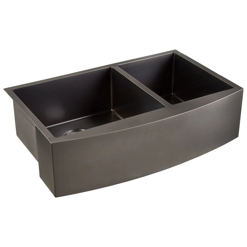 36" Atlas 60/40 Offset Double-Bowl Stainless Steel Farmhouse Sink with Curved Apron, Matte Gold
