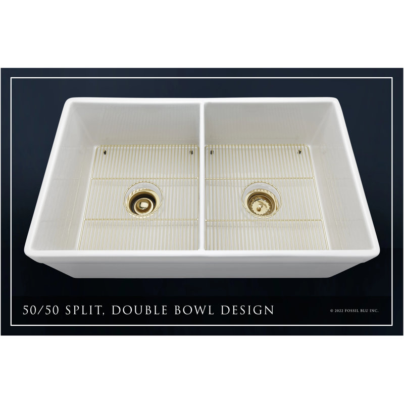 32.75" L x 19.88" W Double Basin Farmhouse Kitchen Sink with Accessories, Brushed Brass Accessories