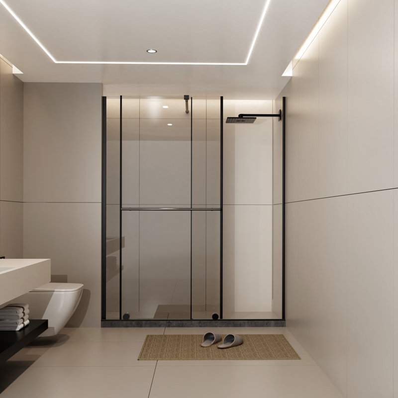 Walk-In Shower Screen 30 - 60 In.W X 72 In.H, 1/4" Thick Glass, Stainless Steel Handle, Black Supporting Bar, Sliding Door, Stable And Dependable, Leak- Installation In.H Glass 1/4 Inch Handle & Dual
