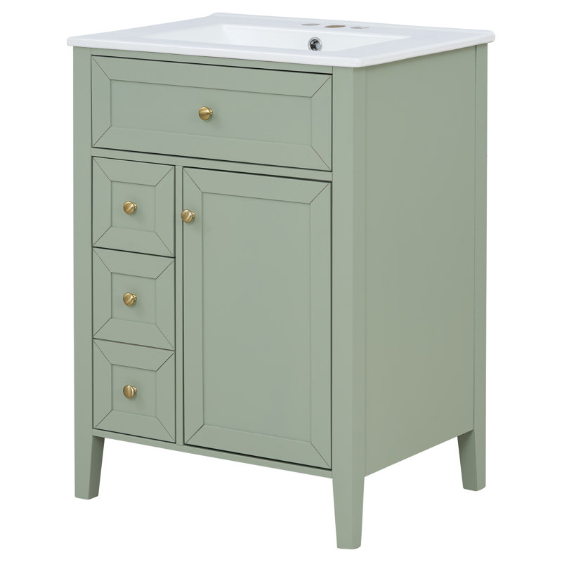 Meuble-lavabo 24 po avec comptoir en céramique, pieds en bois massif avec tiroir basculant, 2 tiroirs latéraux à fermeture en douceur et support de porte, vert clair / gris-bleu