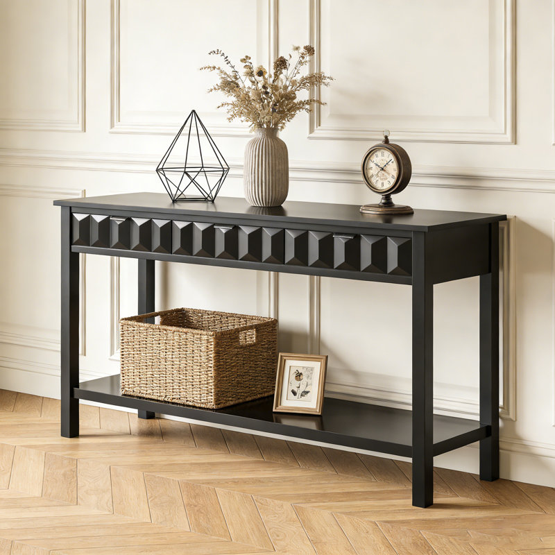 Fir Veneer Entry Way Table, Modern Console Table With3 Drawers & Solid Legs, Black