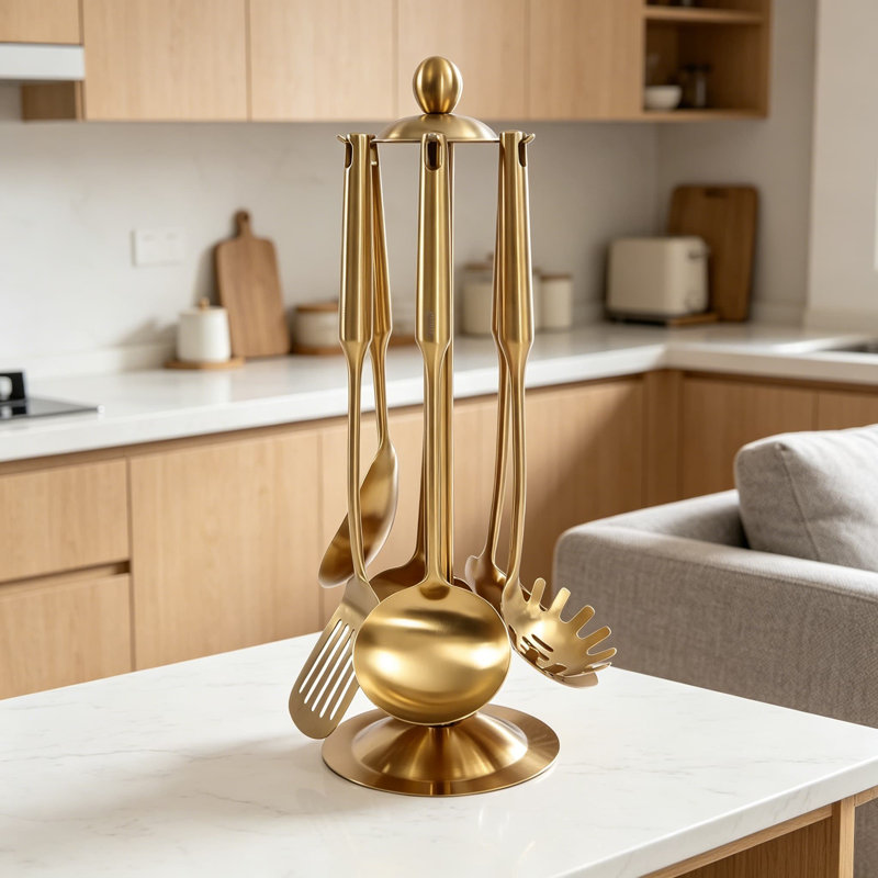 Ensemble d'ustensiles de cuisine 7 pièces en acier inoxydable avec support, 304 outils de cuisson de qualité comprenant une louche, une cuillère, une spatule, une fourchette à pâtes, des accessoires de finition en laiton durables et élégants pour les chefs de maison