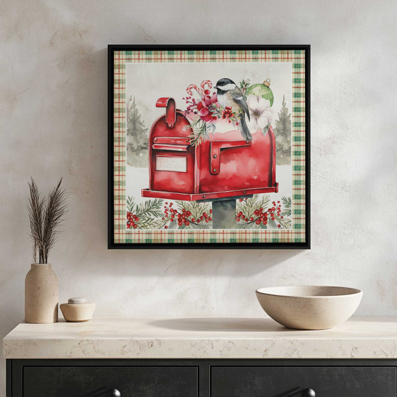 «Christmas in Bloom Mailbox» par Nicole DeCamp, reproduction d'art, L 36 x H 36, Blanc, Toile avec cadre