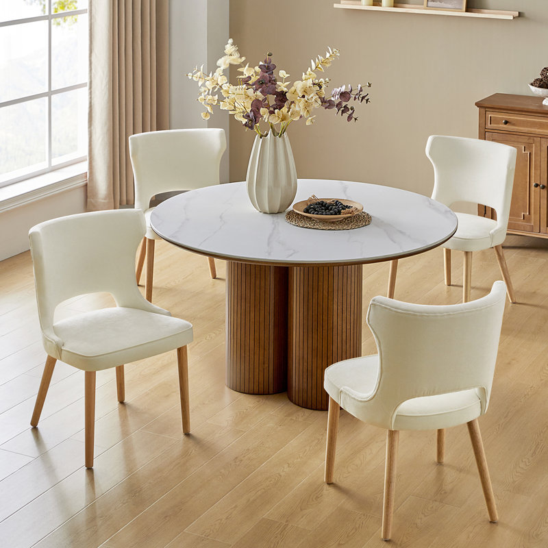 Piscoya 21.5''W Mid-century Modern Upholstered Dining Chairs With Solid Wood Legs (Set of 4), Ivory