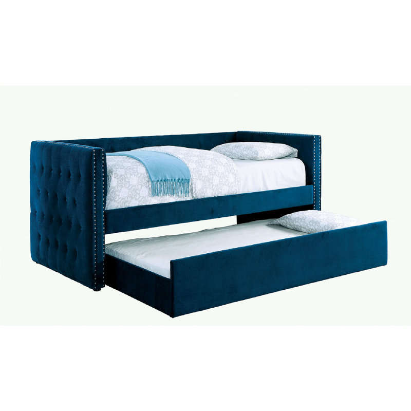 Lit de jour simple en bois massif avec couchette, Bleu marine
