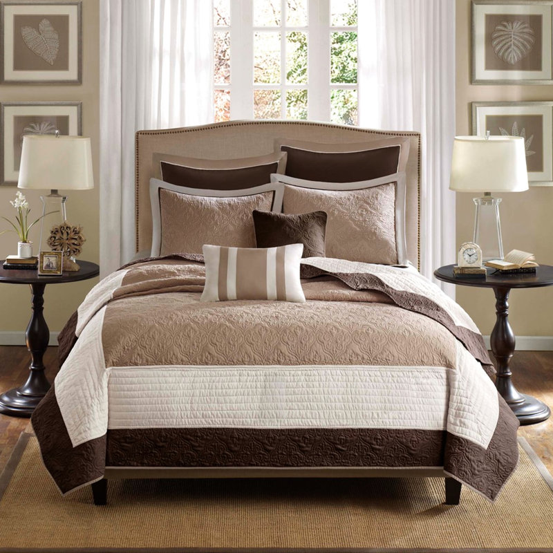 Courtepointe beige / double 7 pièces, coussins décoratifs Medallion Euro et motif double / grand lavable à la machine
