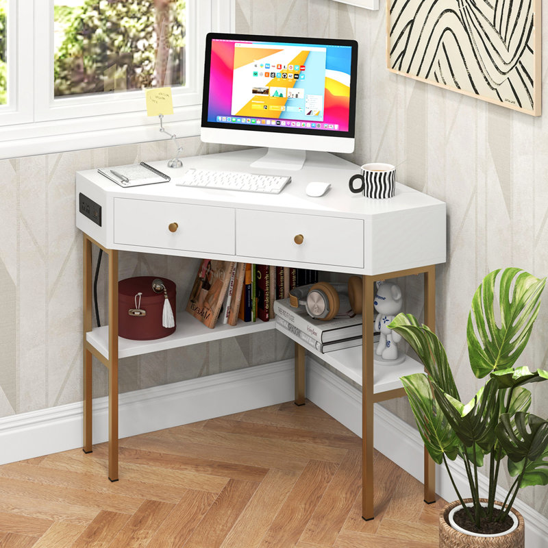 Corner Computer Desk, White/Oak