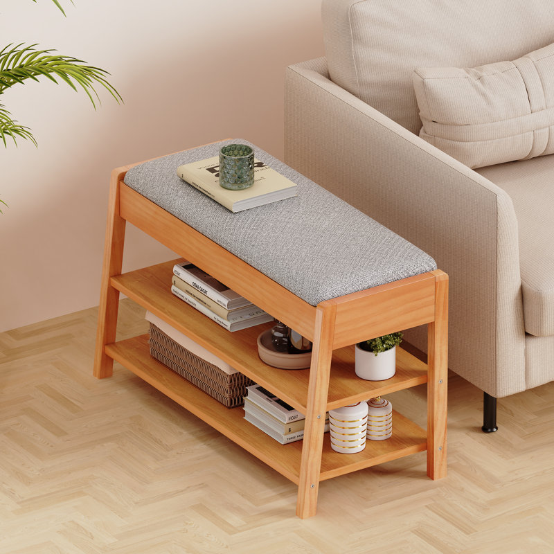 Banc de rangement pour chaussures 31,5 po avec rangement, banc d'entrée en bois massif à 2 niveaux avec coussin en coton et lin