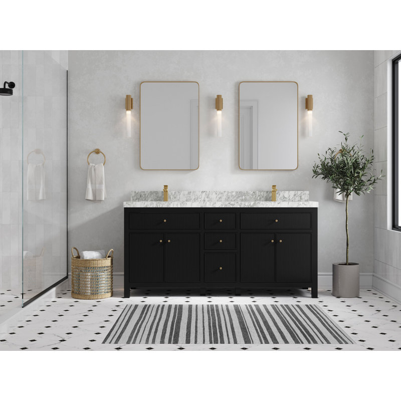 72'' Double Bathroom Vanity with Top, Black, Carrara Marble