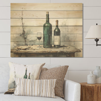 «Green Minimalist Wine Bottles Silhouette IV» - impression de vin sur bois