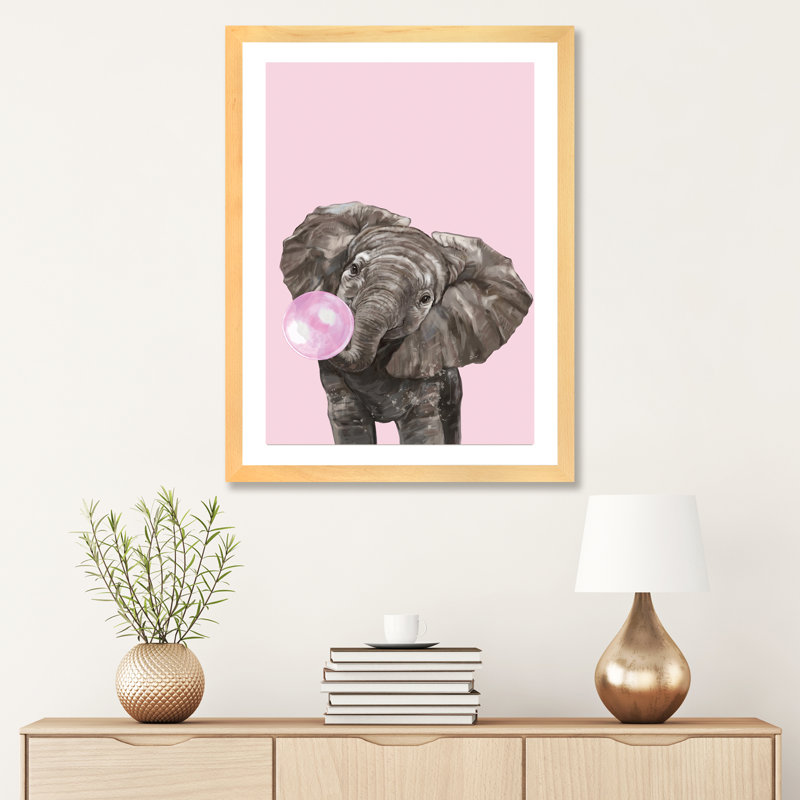 Art d’éléphant de gomme à bulles, H 32 po x l 24 po x P 1 po, Papier encadré naturel