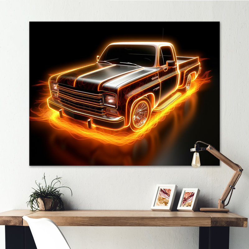 «Neon Light Strips», camionnette orange sur toile, Toile tendue, H 24 po x l 32 po x P 1 po