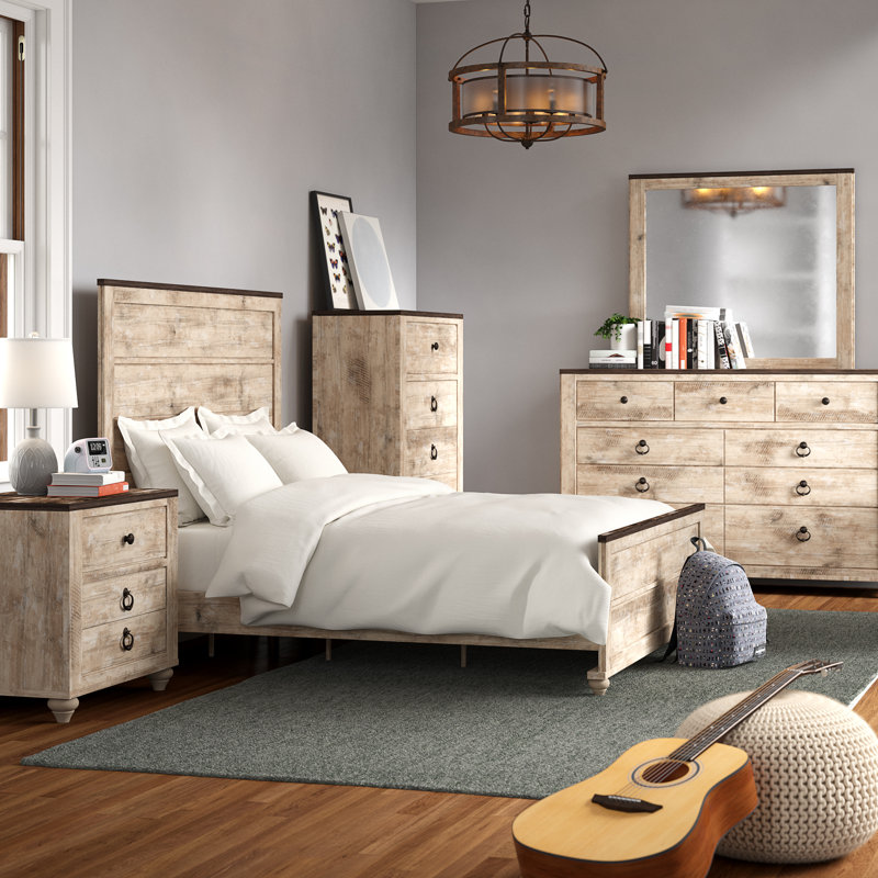 Ensemble de chambre à coucher 6 pièces Contemporary, Roi, 6 pièces : Lit, 2 tables de chevet, commode, miro