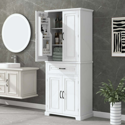 Grande armoire de rangement pour salle de bain avec 4 portes et 1 tiroir, tablette réglable, dispositif anti-basculement, organisateur de rangement en panneau de fibres à densité moyenne