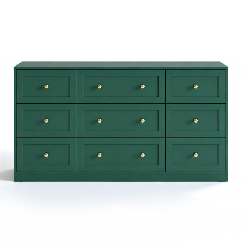 Commode blanche à 9 tiroirs avec poignées dorées Yokota, coffre de rangement moderne de l 59 po pour chambre à coucher, salon et chambre de bébé