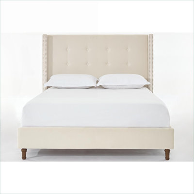Traditional Wingback Tufted Queen Size Platform Bed, Velvet with Beige Finish, No Box Spring Required