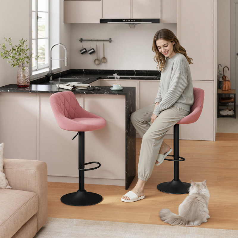 Paynter Swivel Upholstered Adjustable Height Bar Stool with Steel Frame, Pink, 2