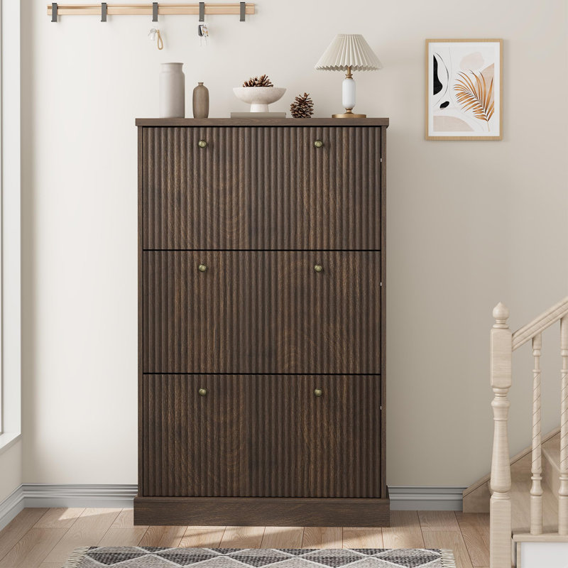 Modern Narrow Wave Shoe Cabinet with 3 Flip Drawers – Adjustable Shelves, Wooden Freestanding Organizer for Entryway, Living Room, Hallway (Walnut)