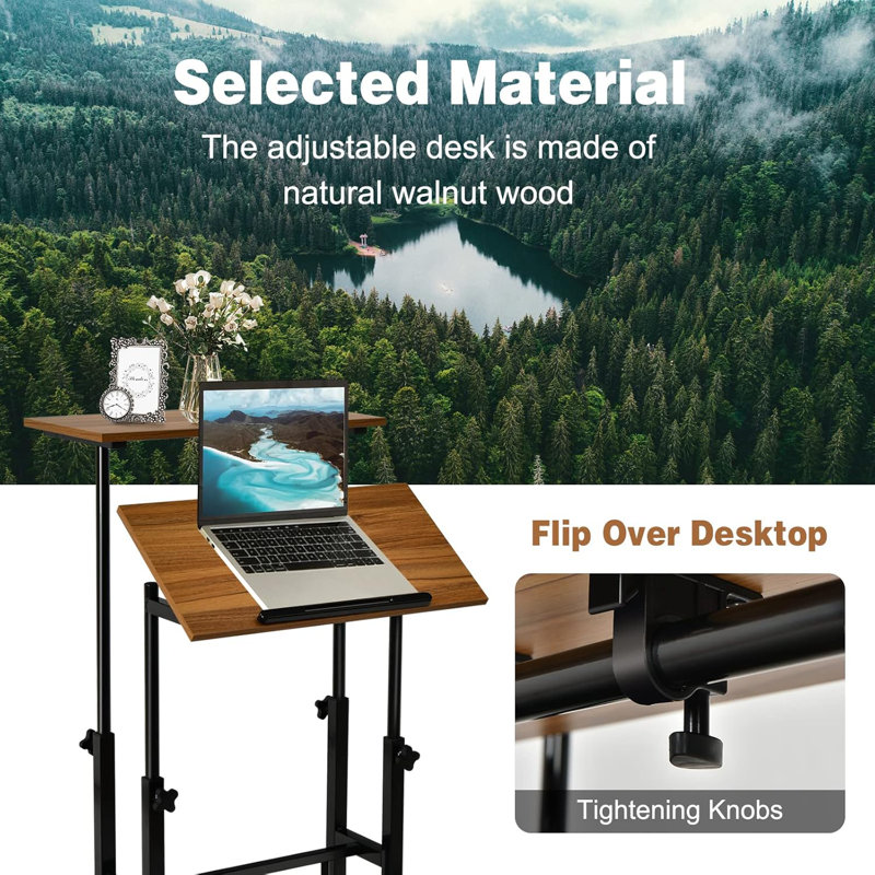 Mobile Standing Desk, Height Adjustable Rolling Laptop Cart W/Tilting Desktop For Standing Or Sitting, Lockable Casters, Home Office Computer Workstation For Small Spaces (Brown)
