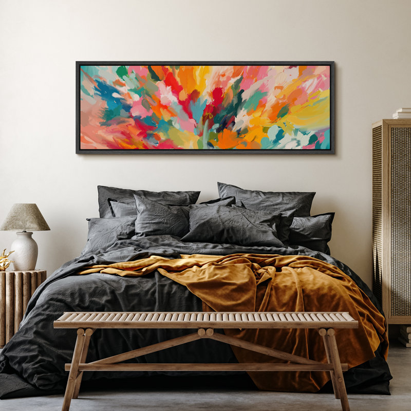 Colorful Burst Bright Abstract Living Room Decor Extra Large Pictures Framed Canvas Print Wall Art, 20" H x 60" W, Black