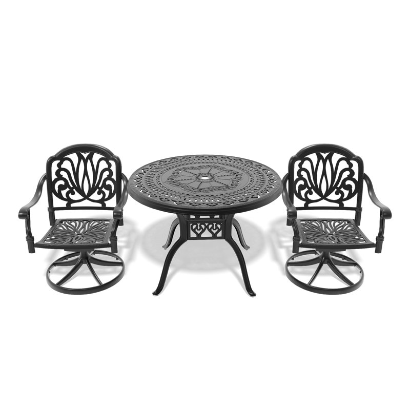 Ensemble de salle à manger 3 pièces en aluminium coulé toutes saisons avec 2 chaises pivotantes et une table ronde de 39,37 po, noir
