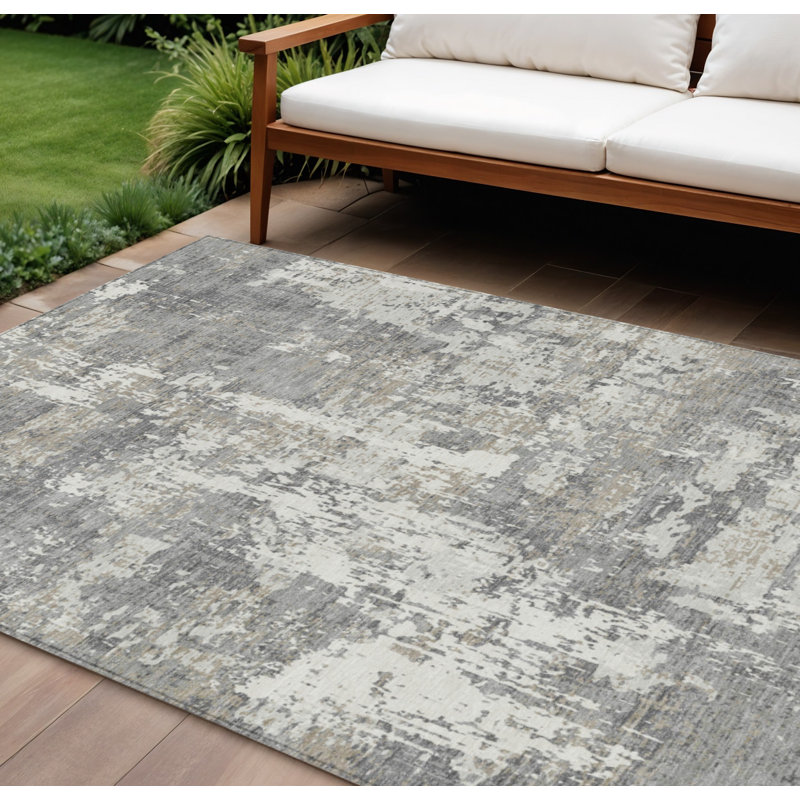 Tapis extérieur lavable abstrait gris et ivoire 10 pi x 14 pi