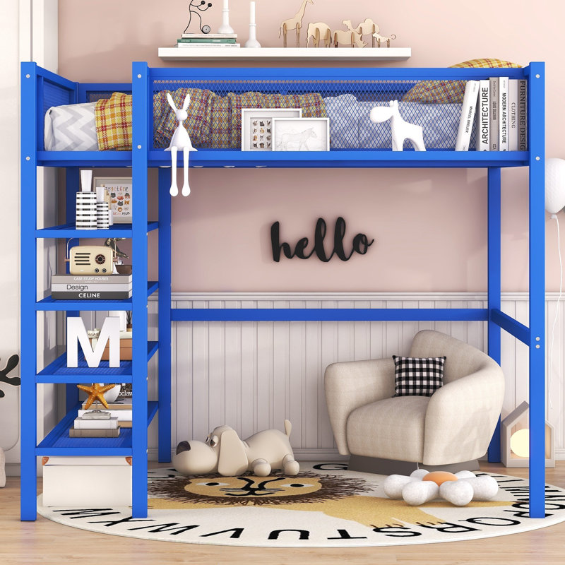 Lit mezzanine en métal avec bibliothèque, pour enfants, adolescents, adultes, Double, Bleu