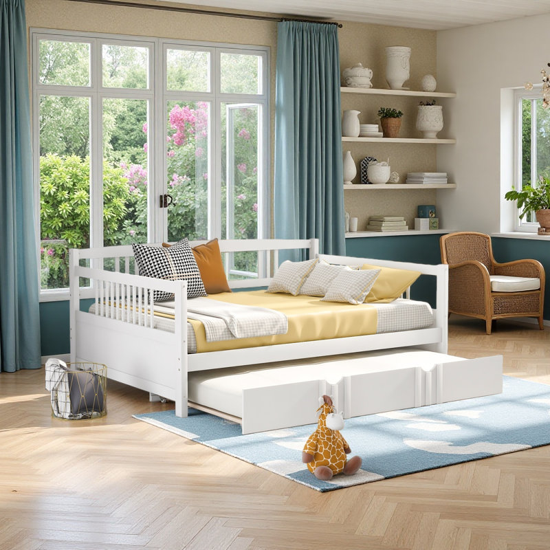 Full Size Wooden Daybed with Twin Size Trundle, White