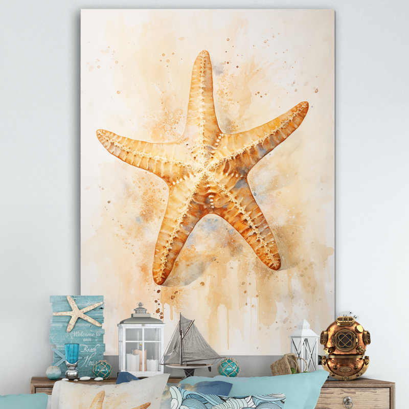 Étoile de mer minimalisme beige et or, Toile tendue, H 32 po x l 16 po x P 1 po