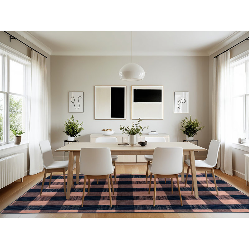 Tapis bleu à carreaux lavable à la machine, Rectangulaire 7 pi x 10 pi